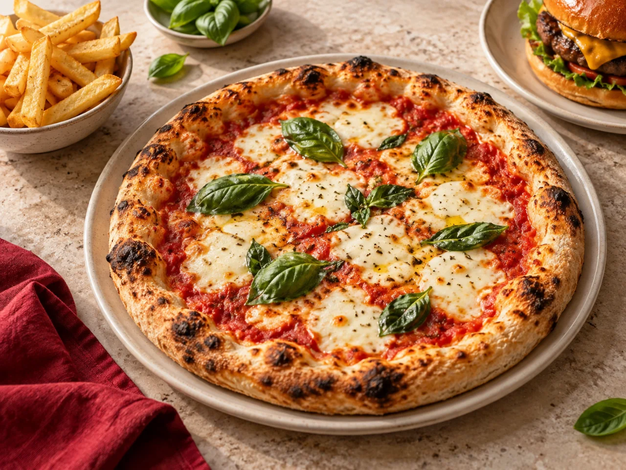 Pizza mit Basilikum, Burger und goldene Pommes auf einem gedeckten Tisch